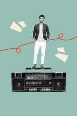 Pop art collage of person stand big boom box on teal color background © deagreez