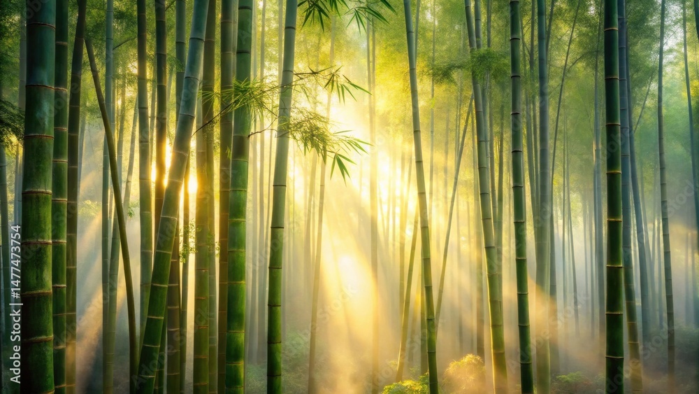Poster Golden Sunlight Filtering Through a Serene Bamboo Forest at Dawn