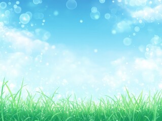 Obraz premium Fresh green grass against a bright blue sky background illustration with bokeh and clouds nature scene