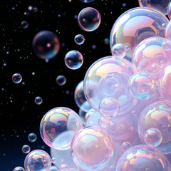 A captivating close-up of soap bubbles floating against a dark backdrop, showcasing their iridescent surfaces and spherical shapes. This photo is designed to evoke feelings of wonder and joy.