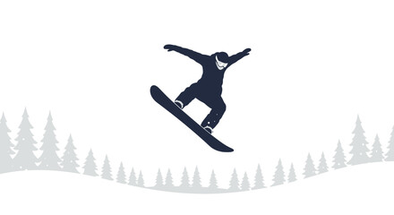 Snowboarder Silhouette Soaring Above Winter Treescape