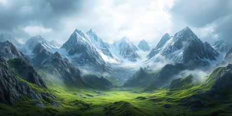 Snow Capped Mountains and Lush Green Valley Under Dramatic Cloudy Sky