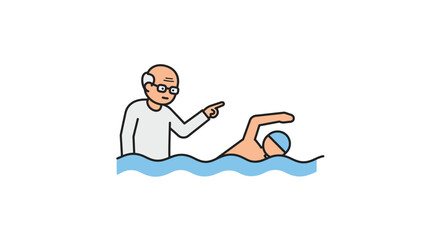Cartoon Elderly Man in Water Wearing Glasses Reaching Outward