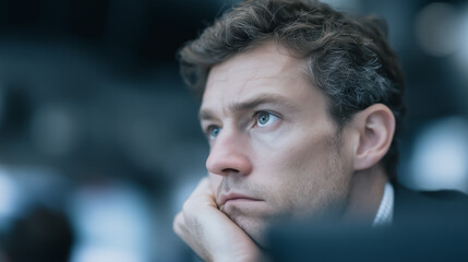 Fototapeta premium Contemplative Focus: A business professional contemplates intently, a thoughtful expression etched across their face, with a background hinting at a bustling work environment.