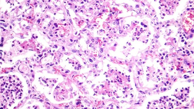 Lobar pneumonia in red hepatic phase, light microscopy displaying inflamed lung tissue with red hepatization.