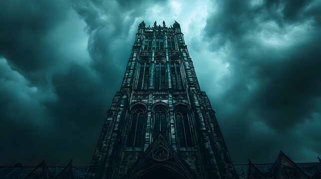 Dramatic Gothic Cathedral Tower Against Dark Ominous Sky