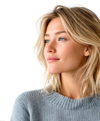 Naklejka premium Elegant Blonde Woman with Soft Expression in Casual Sweater