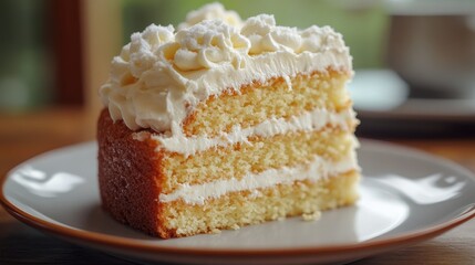 A slice of vanilla cake with creamy frosting sits on a white plate.