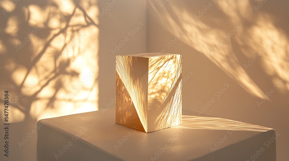 Poster Abstract textured cube casting patterns of light and shadow on a neutral backdrop