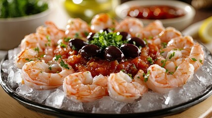 A close-up view of a seafood platter featuring large, peeled shrimp resting on a bed of crushed ice, surrounded by various garnishes.
