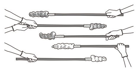 焼き色のついた棒パンを、軍手をつけた手で持つモノクロイラストセット