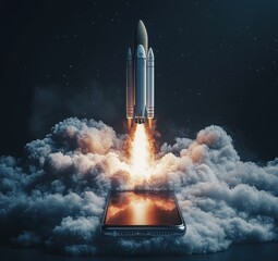 Fototapeta premium Space Shuttle Launching from Smartphone Screen