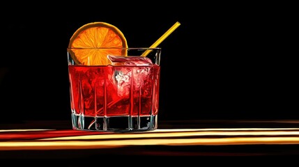 Close-up of a vibrant red cocktail served in a clear glass filled with ice, topped with a dried orange slice and two black straws.
