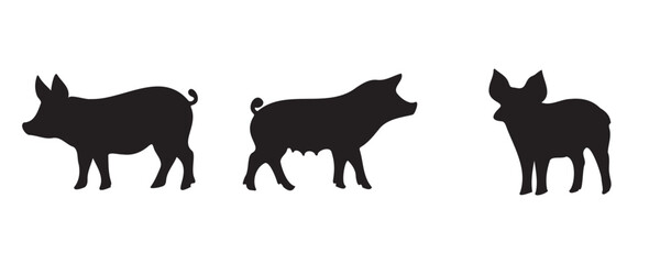 Set of three pig silhouettes in black, featuring different pig breeds and poses, depicted in side view against a clean white background