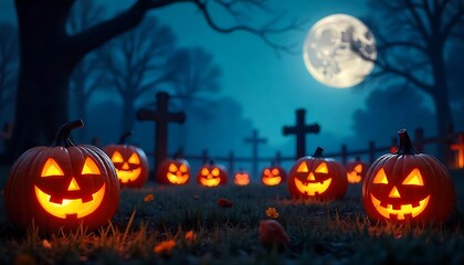 Jack O' Lanterns In Graveyard In The Spooky Night - Halloween Backdrop, created with generative ai	