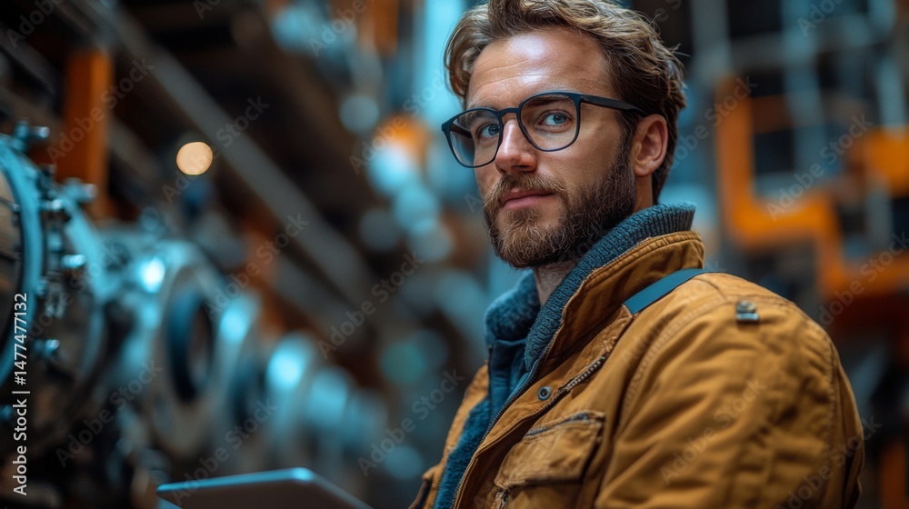Fototapete An engineer with glasses and a stylish jacket examines equipment in a mining facility, utilizing a tablet to gather data. The industrial setting features advanced machinery and infrastructure.