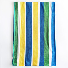 A beach towel with blue, green, and yellow stripes on a white background.