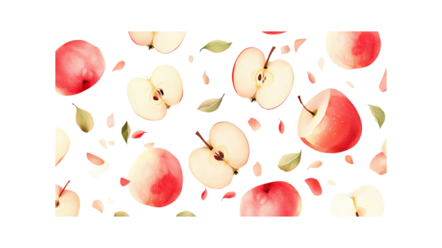 Vibrant Watercolor Apples Seamless Pattern of Red Apple Halves and Whole Apples with Leaves and