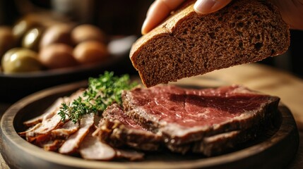 A close-up of a black plate featuring a gourmet dish of thinly sliced meat, garnished with onions and a creamy sauce.