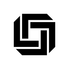 Abstract black and white geometric shape featuring angular lines and a partially enclosed square design element