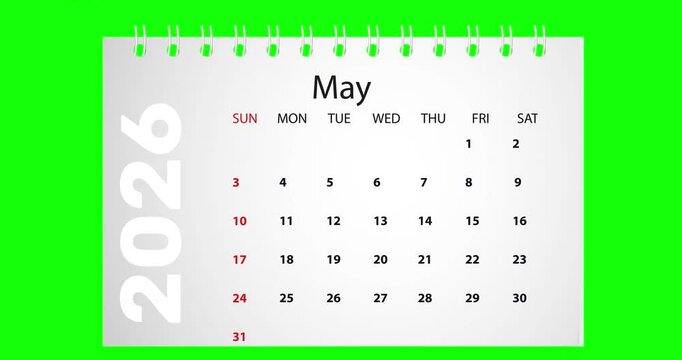 Calendar for 2026 new year from january to december flipping through month. Close up of flipped calendar page change on green background. Chroma key. 4k video graphic motion