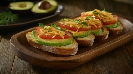 Three slices of toasted bread topped with creamy avocado slices and halved cherry tomatoes are arranged on a wooden platter.