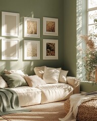 Sunlit Living Room with Beige Couch and Sage Green Walls