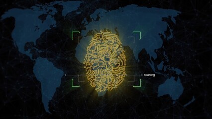 Global cybersecurity system scanning electronic fingerprint with world map background