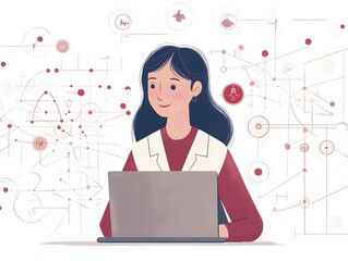 A young female scientist smiles while working on her laptop amidst complex data visualizations and network diagrams in her lab.