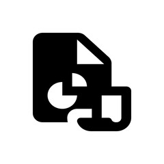 Black document icon with a folded corner and a pie chart element in the bottom left corner design icon