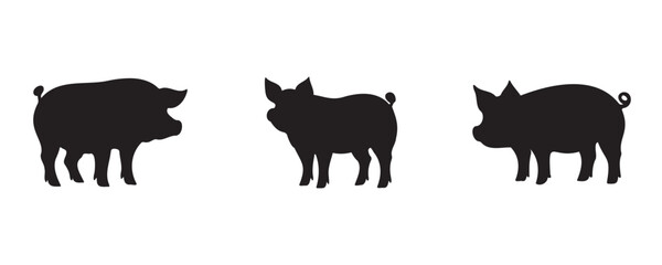 Set of three pig silhouettes in different poses, isolated on white background. Simple black vector illustrations representing pigs in profile view