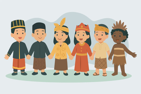 happy children playing
Flat art of children from various tribes in Indonesia such as the Acehnese, Javanese, Sundanese, Dayak, Lombok and Asmat tribes holding hands happily to celebrate Children's Day