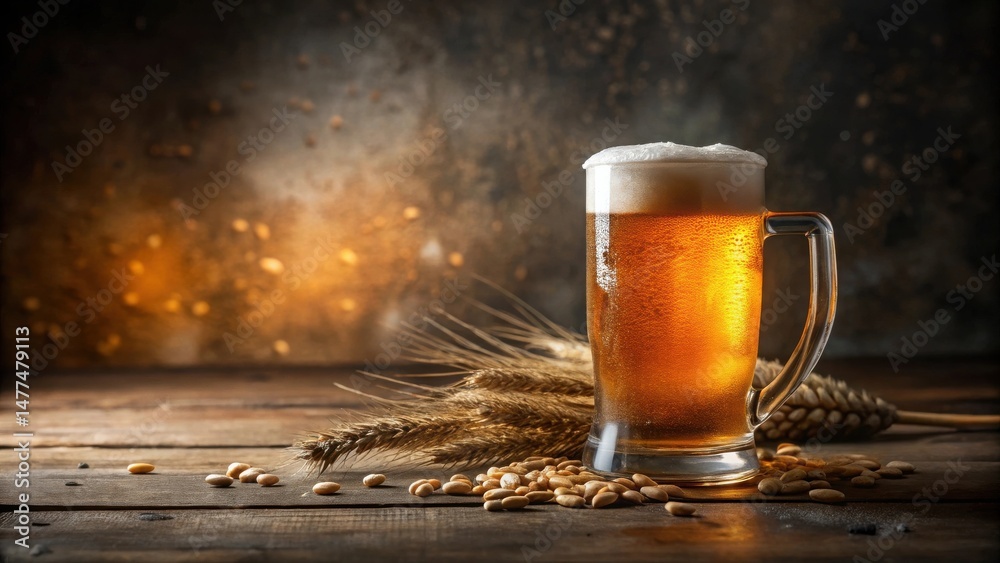 Poster a frosty mug of golden beer rests on a rustic wooden table, accompanied by barley stalks and scatter