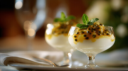 Two elegant dessert glasses filled with bland panna cotta, topped with fresh passion fruit germ and...