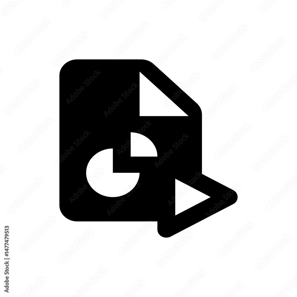 Poster black document icon with a pie chart and a play button overlay representing data presentation file