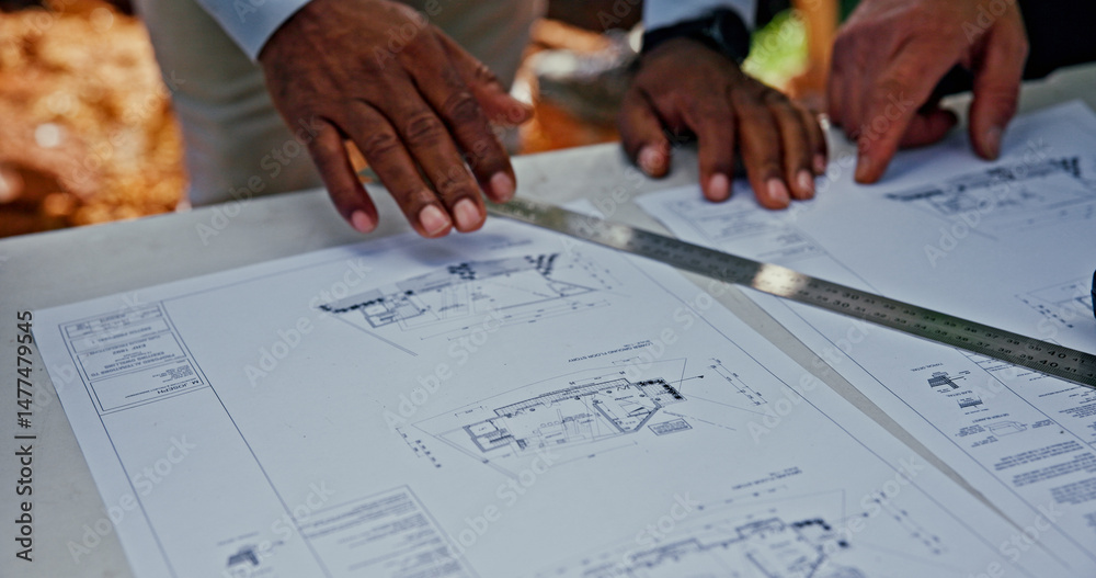 Poster hands, architecture or people with blueprint for engineering, check design and construction site. in