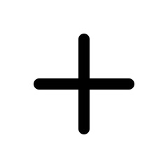 Illustration of a simple black plus sign with rounded ends on a white background in a minimalist style