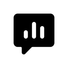 Black speech bubble containing three white vertical bars of varying heights representing a graph icon