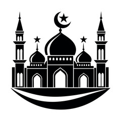 Elegant Black Islamic Mosque Silhouette with Crescent Moon & Star on Top
