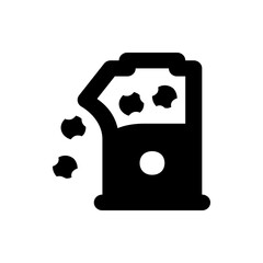 Black and white illustration of a container with round objects coming out and a circle on the front