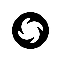 A circular black background containing a white swirling vortex shape in the center of the composition