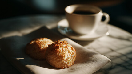 Two small pastry beside a cup of coffee on a table