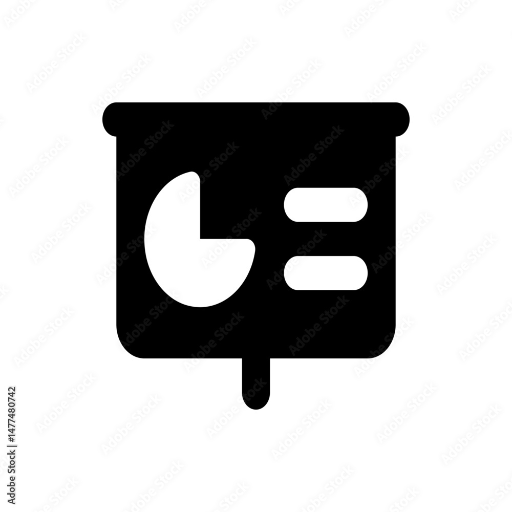Poster presentation board displaying a pie chart and two horizontal bars in a solid black color scheme icon