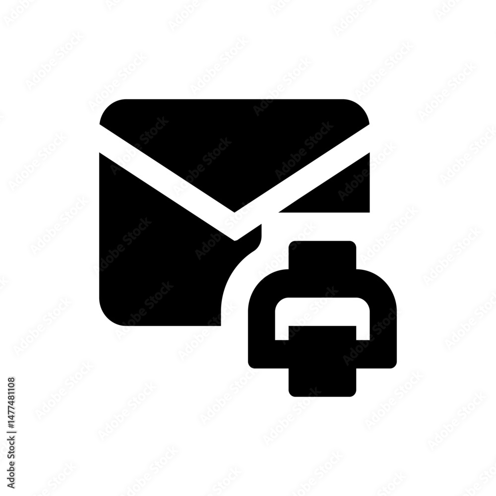 Poster black and white icon showing an envelope with a printer attached representing print email function