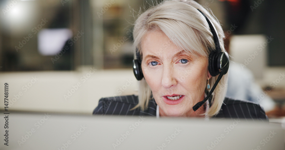 Leinwandbilder mature woman, face and headset for call center consultant, communication or crm with help desk suppo