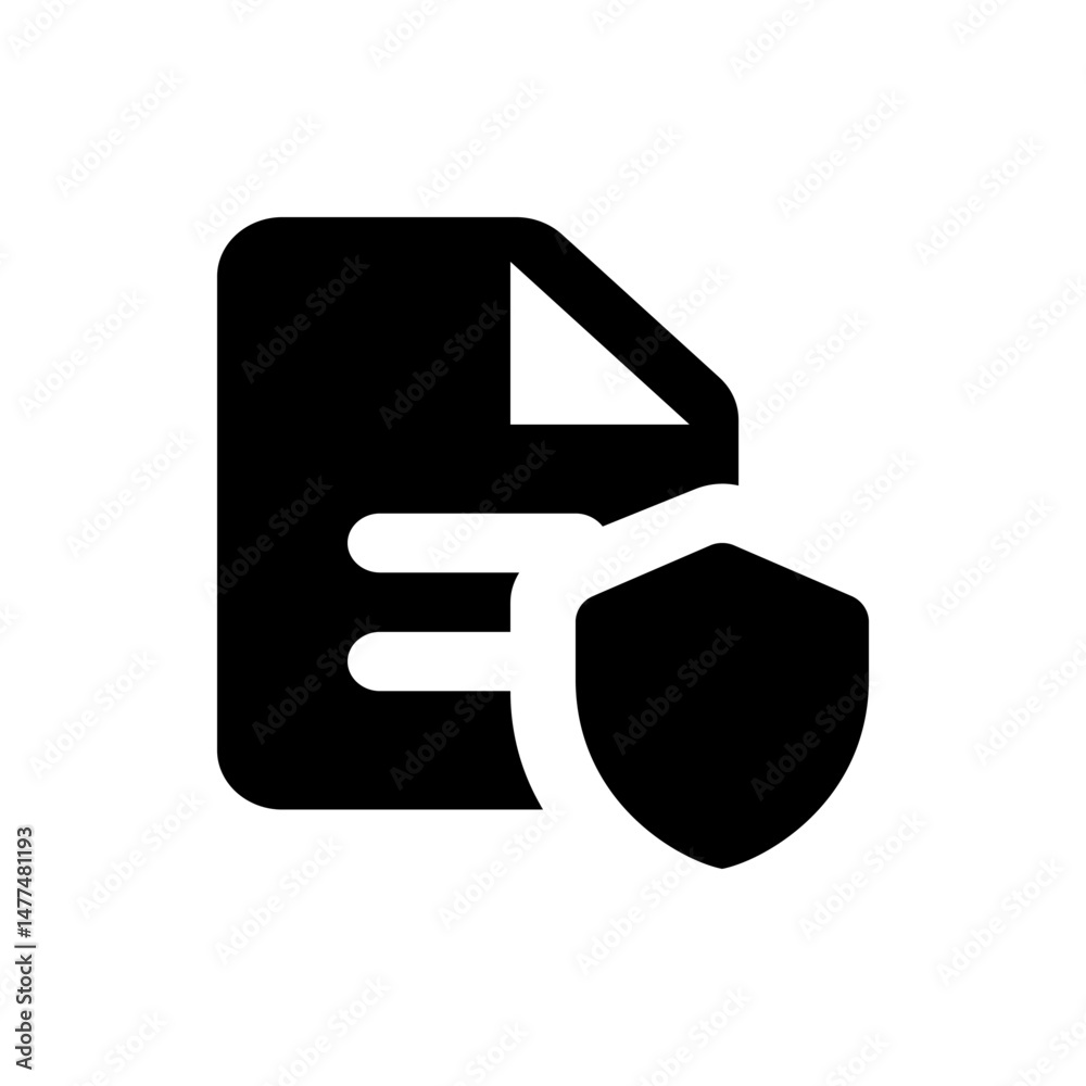 Poster illustration of a document with text lines and a shield overlay representing data protection and sec
