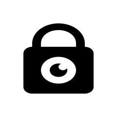 Black padlock with a white eye in the center representing security and surveillance in a simple design