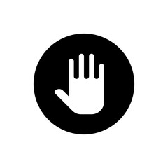 White hand with fingers extended inside a black circle providing a gesture of stopping or giving a high five