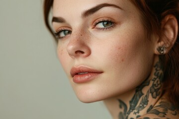 Naklejka premium Portrait of Woman with Freckles and Tattoos
