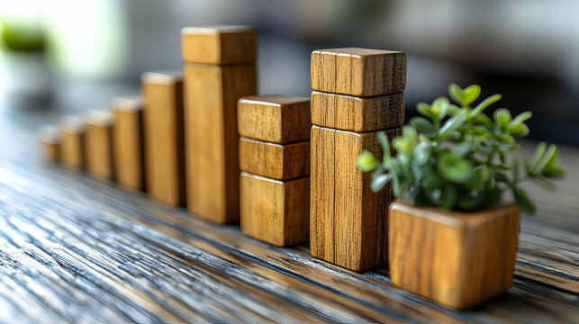 Wooden Blocks Displaying Growth with Succulent on Rustic Tabletop